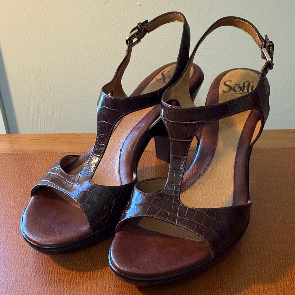 Söfft Dark Brown Croc-Print T-Strap Heeled Sandals